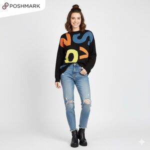 Noisy May Multicolored Graphic Letter Sweater S Oversized Black Y2K Streetwear